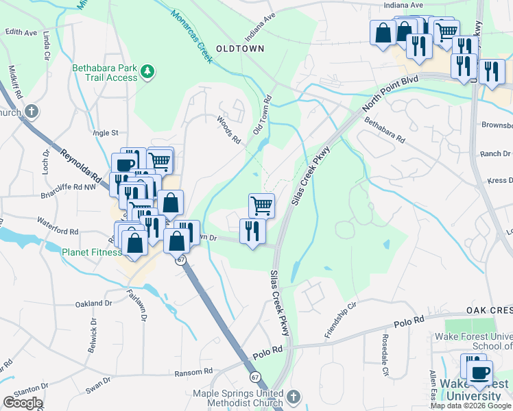 map of restaurants, bars, coffee shops, grocery stores, and more near 1138 Crowne Court in Winston-Salem