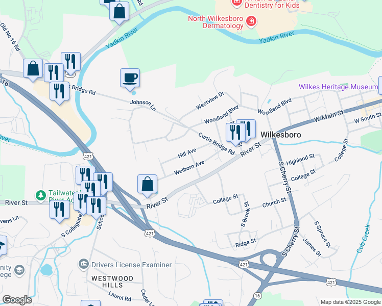 map of restaurants, bars, coffee shops, grocery stores, and more near 1002 Elm Street in Wilkesboro