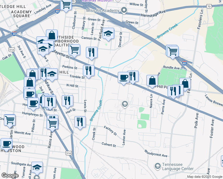 map of restaurants, bars, coffee shops, grocery stores, and more near Stanley St in Nashville