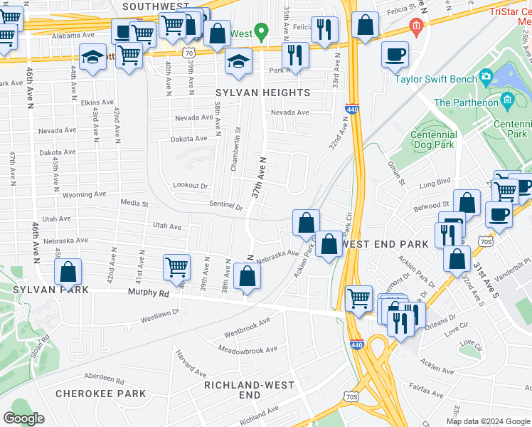 map of restaurants, bars, coffee shops, grocery stores, and more near 207 36th Avenue North in Nashville