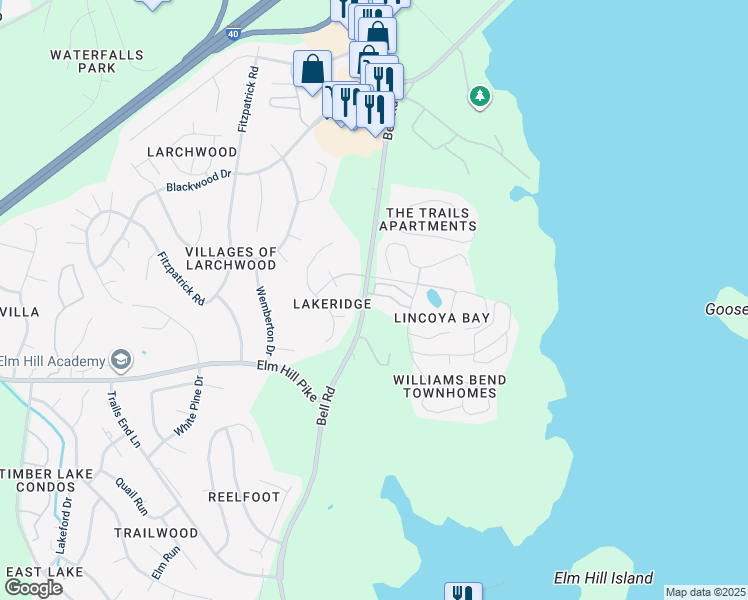 map of restaurants, bars, coffee shops, grocery stores, and more near 708 Lakeridge Way in Nashville