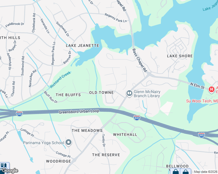 map of restaurants, bars, coffee shops, grocery stores, and more near 1 Wheelwright Court in Greensboro