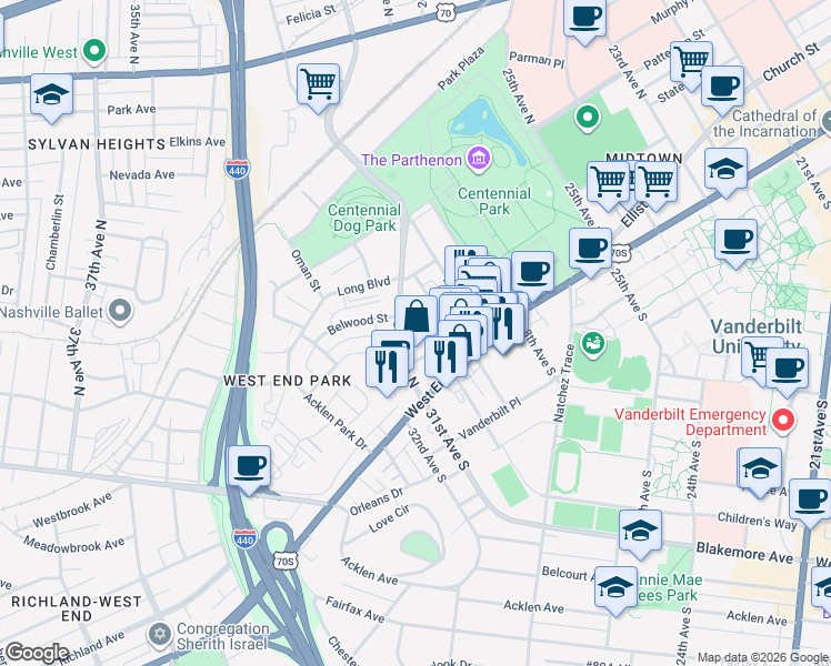 map of restaurants, bars, coffee shops, grocery stores, and more near 3014 Hedrick Street in Nashville