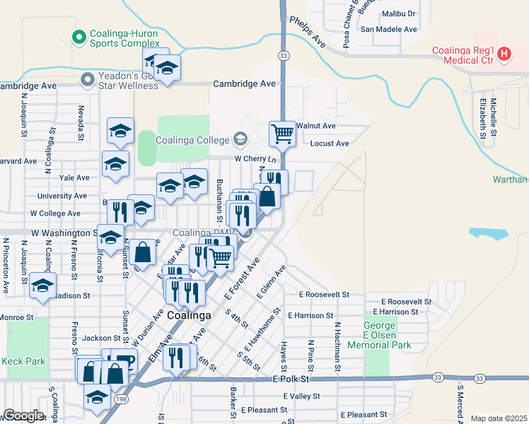 map of restaurants, bars, coffee shops, grocery stores, and more near 106 North Grant Street in Coalinga