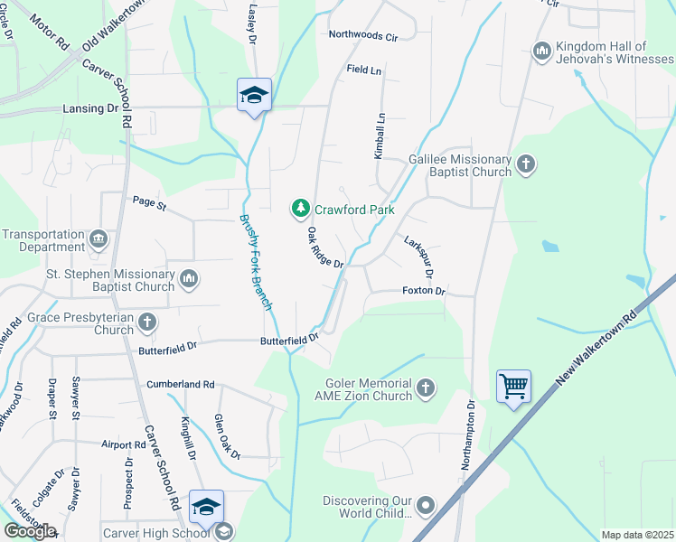 map of restaurants, bars, coffee shops, grocery stores, and more near 5148 Butterfield Drive in Winston-Salem