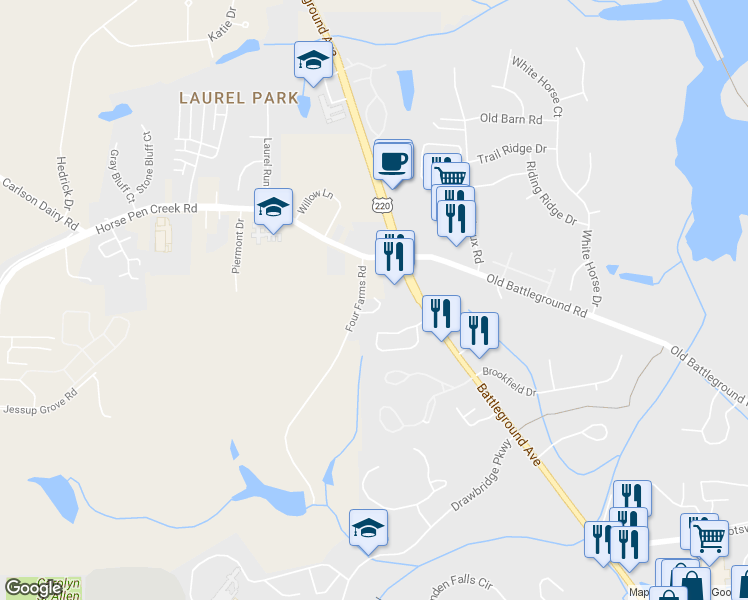 map of restaurants, bars, coffee shops, grocery stores, and more near 13 Four Farms Circle in Greensboro