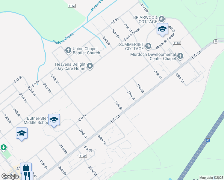 map of restaurants, bars, coffee shops, grocery stores, and more near 1009 East D Street in Butner