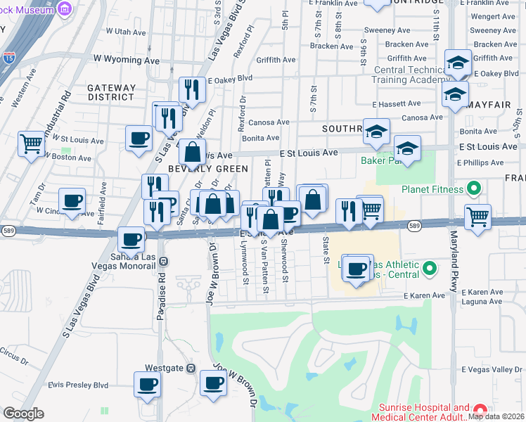 map of restaurants, bars, coffee shops, grocery stores, and more near 2209 Santa Ynez Drive in Las Vegas