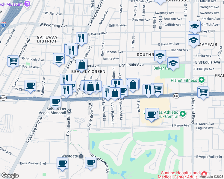 map of restaurants, bars, coffee shops, grocery stores, and more near 559 San Pablo Drive in Las Vegas