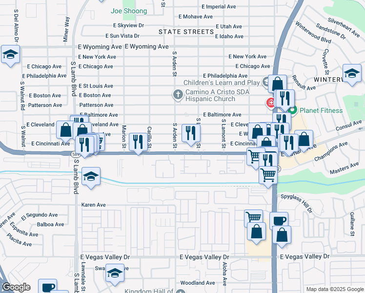 map of restaurants, bars, coffee shops, grocery stores, and more near 4611 Welter Avenue in Las Vegas