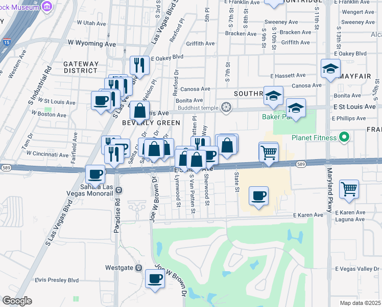 map of restaurants, bars, coffee shops, grocery stores, and more near 2209 Santa Ynez Drive in Las Vegas