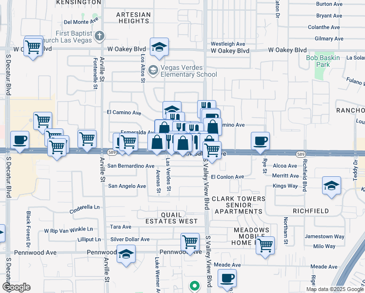 map of restaurants, bars, coffee shops, grocery stores, and more near 3848 West Sahara Avenue in Las Vegas