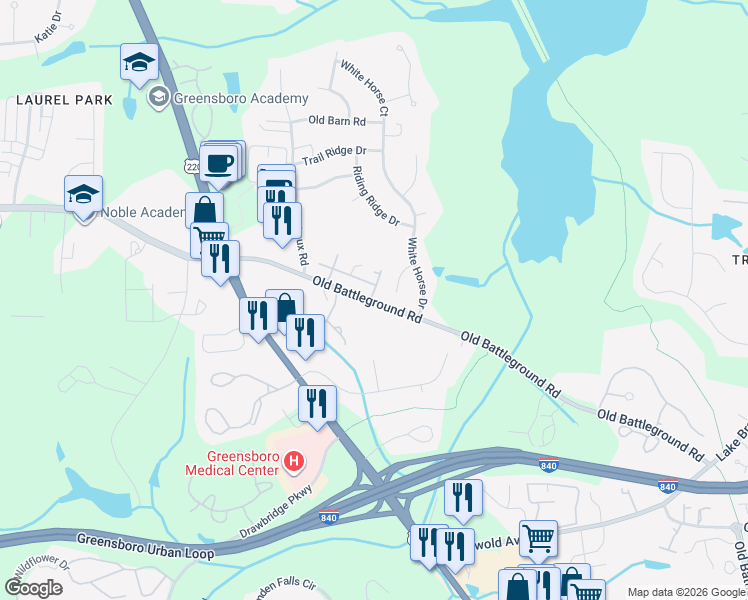 map of restaurants, bars, coffee shops, grocery stores, and more near 5000 Steepleshire Place in Greensboro