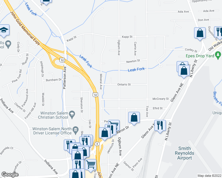 map of restaurants, bars, coffee shops, grocery stores, and more near Church Hill Road in Winston-Salem