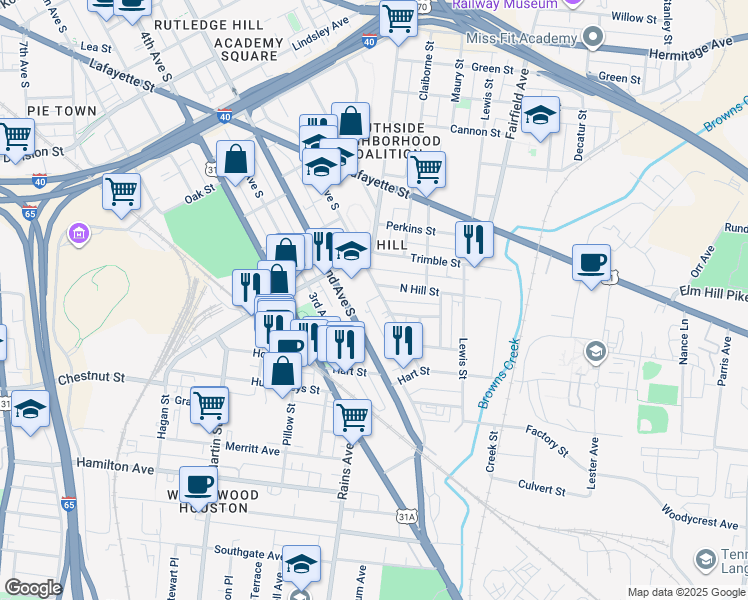 map of restaurants, bars, coffee shops, grocery stores, and more near in Nashville