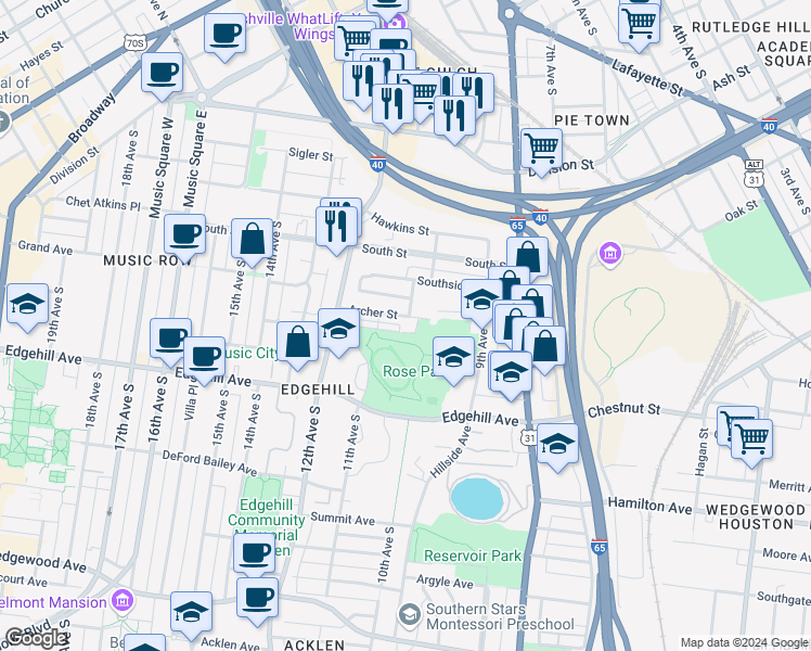 map of restaurants, bars, coffee shops, grocery stores, and more near 1054 Archer Street in Nashville