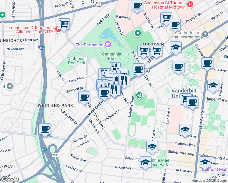 map of restaurants, bars, coffee shops, grocery stores, and more near 2714 Tennessee 1 in Nashville