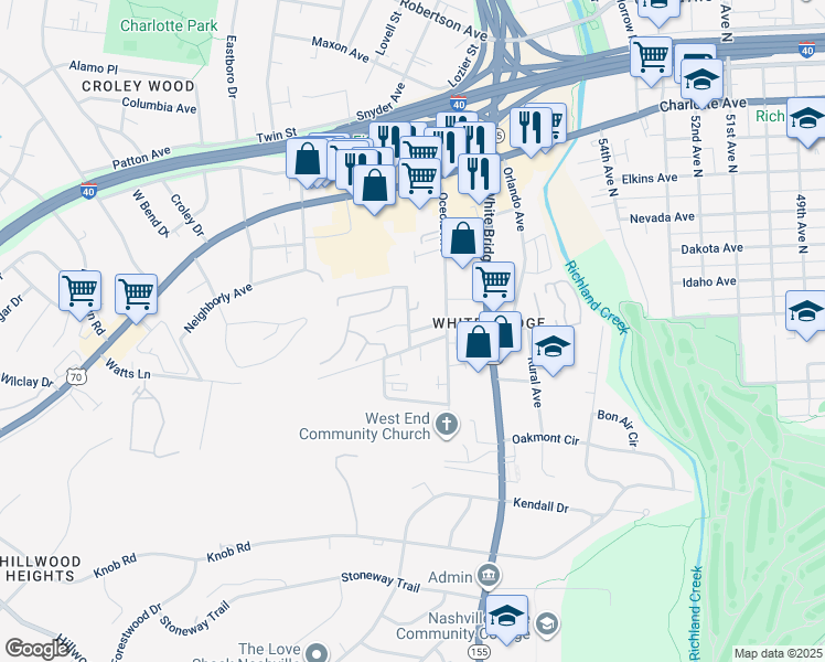 map of restaurants, bars, coffee shops, grocery stores, and more near 210 Bellmore Avenue in Nashville
