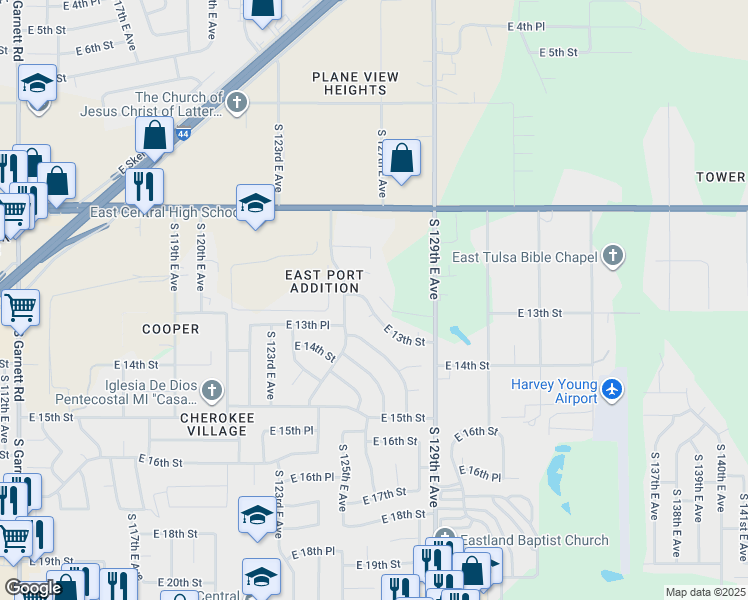 map of restaurants, bars, coffee shops, grocery stores, and more near 12413 East 13th Street in Tulsa