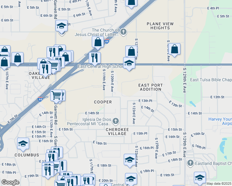 map of restaurants, bars, coffee shops, grocery stores, and more near 1229 South 120th East Avenue in Tulsa