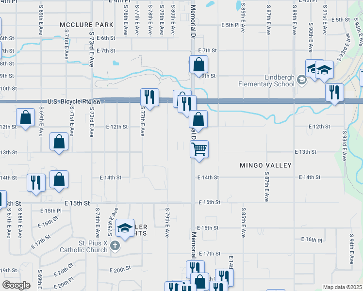 map of restaurants, bars, coffee shops, grocery stores, and more near 1220 South Memorial Drive in Tulsa