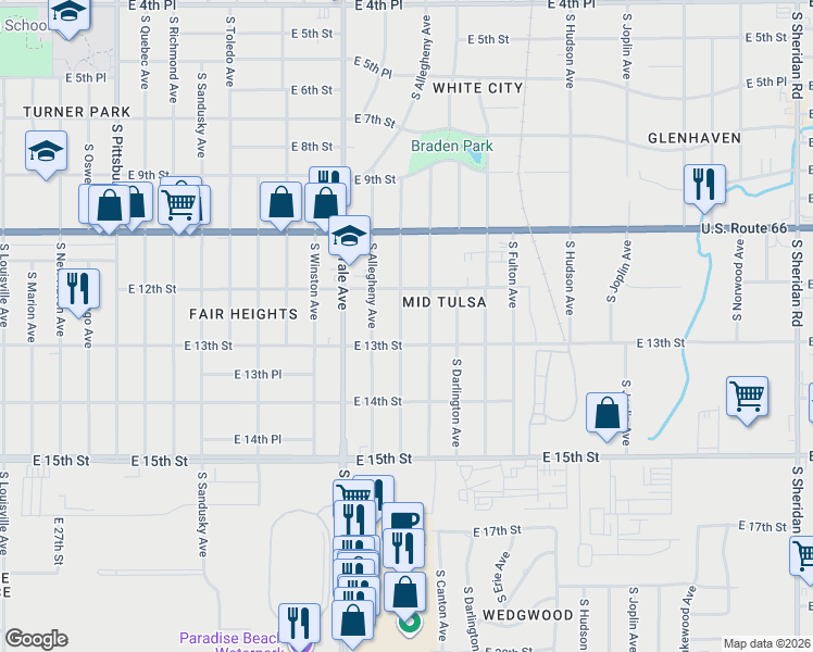 map of restaurants, bars, coffee shops, grocery stores, and more near 1214 South Braden Avenue in Tulsa