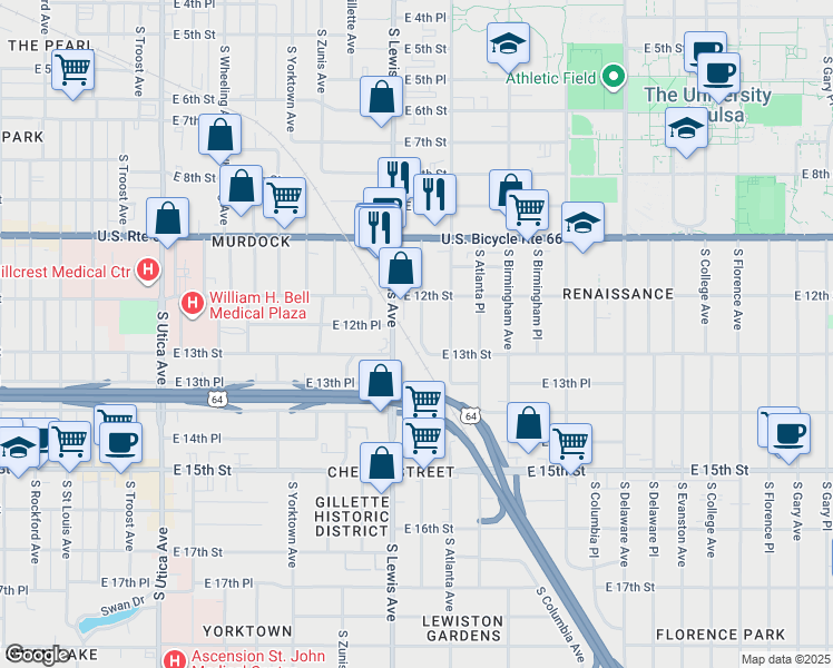 map of restaurants, bars, coffee shops, grocery stores, and more near 1207 South Lewis Avenue in Tulsa