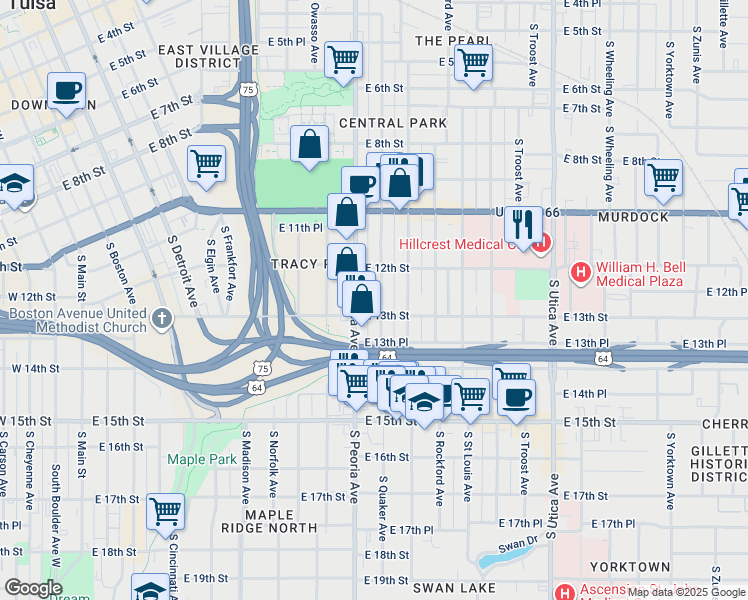map of restaurants, bars, coffee shops, grocery stores, and more near 1214 South Quaker Avenue in Tulsa