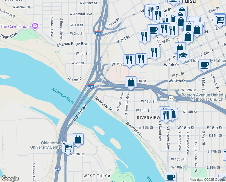 map of restaurants, bars, coffee shops, grocery stores, and more near in Tulsa