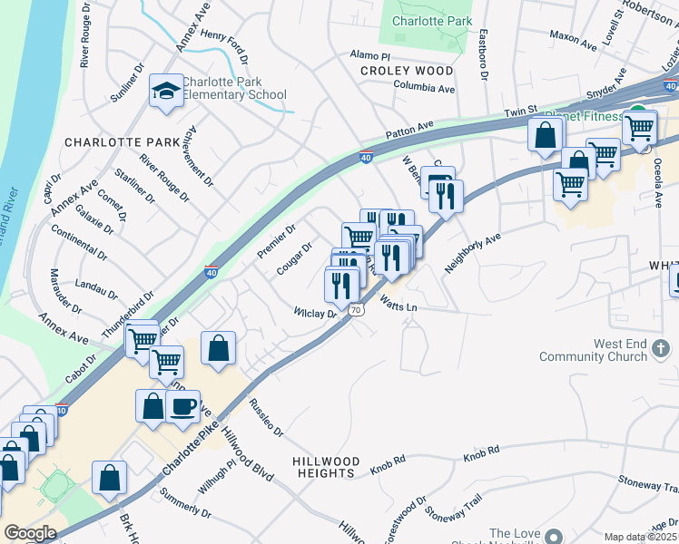 map of restaurants, bars, coffee shops, grocery stores, and more near 6505 Mercomatic Court in Nashville
