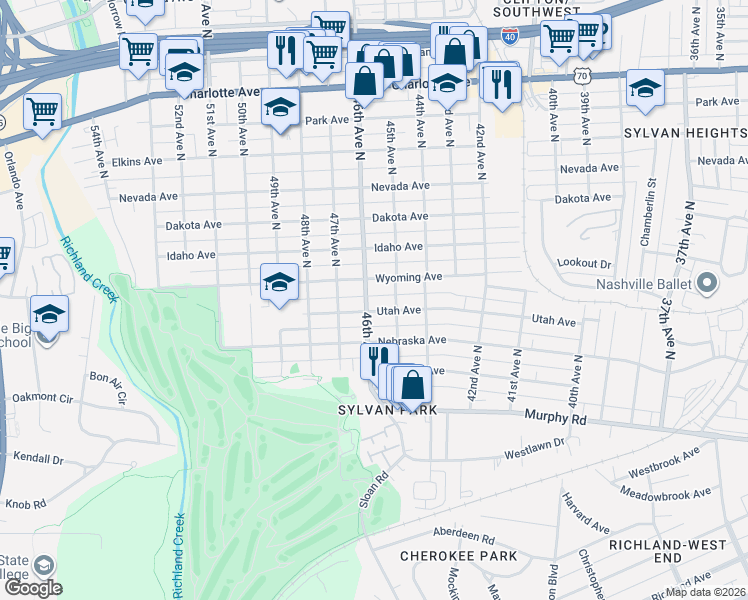 map of restaurants, bars, coffee shops, grocery stores, and more near 4505C Wyoming Avenue in Nashville