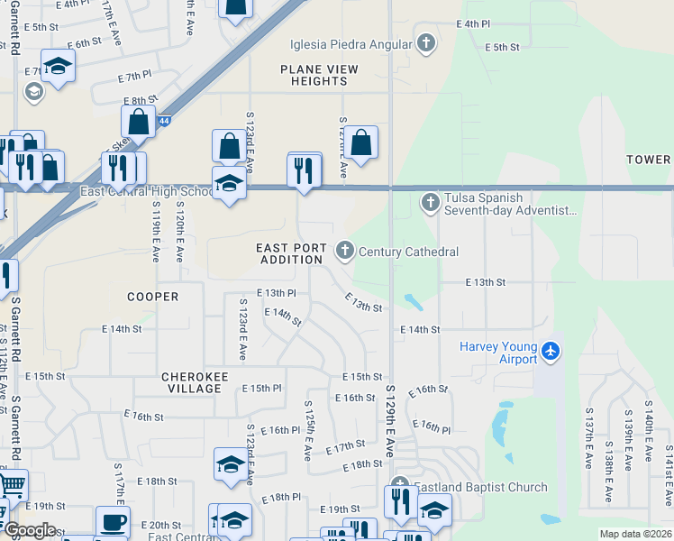 map of restaurants, bars, coffee shops, grocery stores, and more near 12413 East 13th Street in Tulsa
