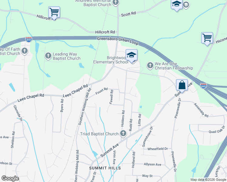 map of restaurants, bars, coffee shops, grocery stores, and more near 1802 Foust Road in Greensboro