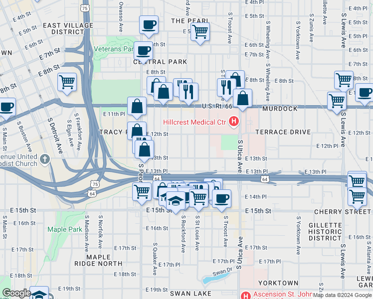 map of restaurants, bars, coffee shops, grocery stores, and more near 1225 South Rockford Avenue in Tulsa