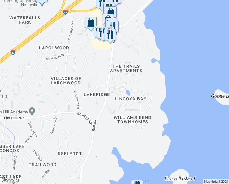 map of restaurants, bars, coffee shops, grocery stores, and more near 3359 Lincoya Creek Drive in Nashville
