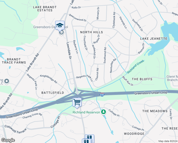 map of restaurants, bars, coffee shops, grocery stores, and more near 5105 Amberhill Drive in Greensboro