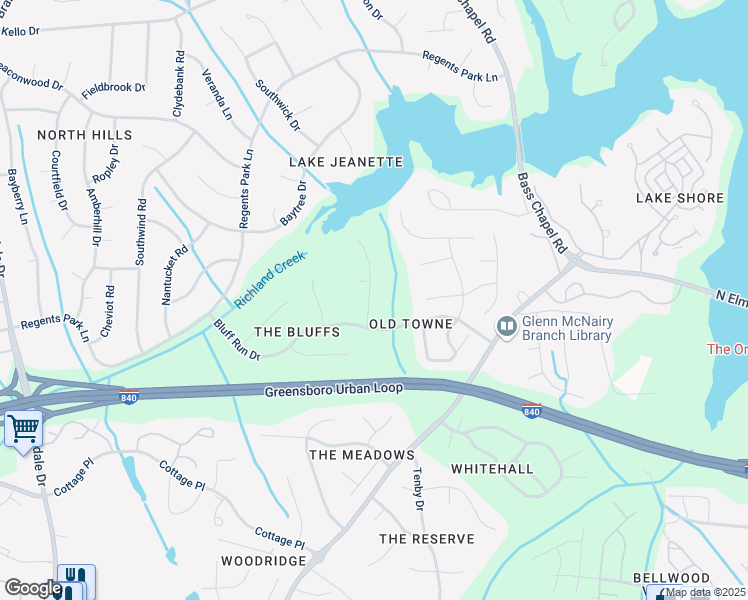 map of restaurants, bars, coffee shops, grocery stores, and more near 18 Bluff Ridge Court in Greensboro