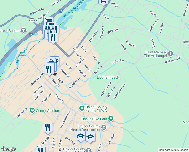 map of restaurants, bars, coffee shops, grocery stores, and more near 407 New Avenue in Erwin