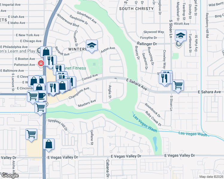 map of restaurants, bars, coffee shops, grocery stores, and more near 2484 Anglia Street in Las Vegas