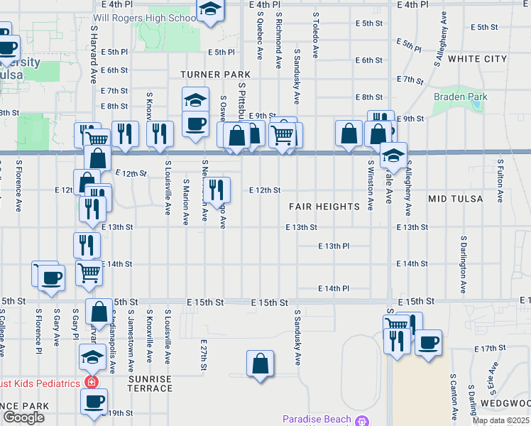 map of restaurants, bars, coffee shops, grocery stores, and more near 1212 South Richmond Avenue in Tulsa