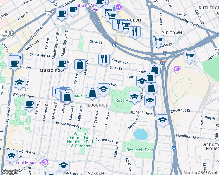map of restaurants, bars, coffee shops, grocery stores, and more near 1015 11th Avenue South in Nashville