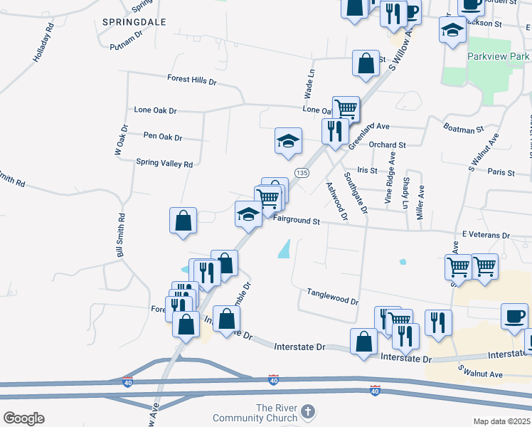 map of restaurants, bars, coffee shops, grocery stores, and more near 851 South Willow Avenue in Cookeville