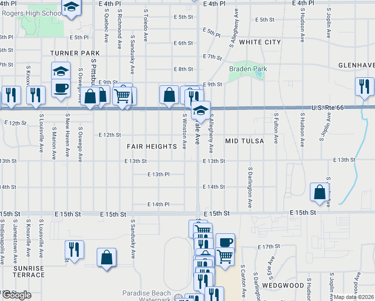 map of restaurants, bars, coffee shops, grocery stores, and more near 1213 South Winston Avenue in Tulsa