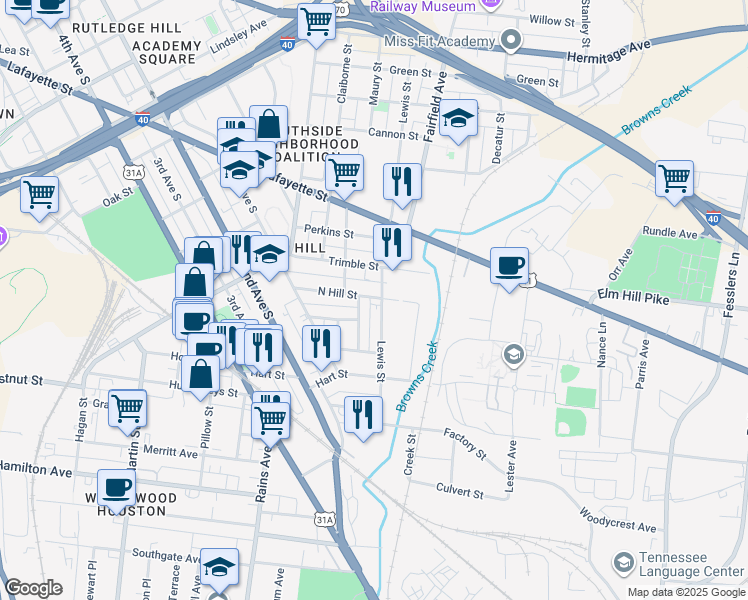 map of restaurants, bars, coffee shops, grocery stores, and more near 34C North Hill Street in Nashville