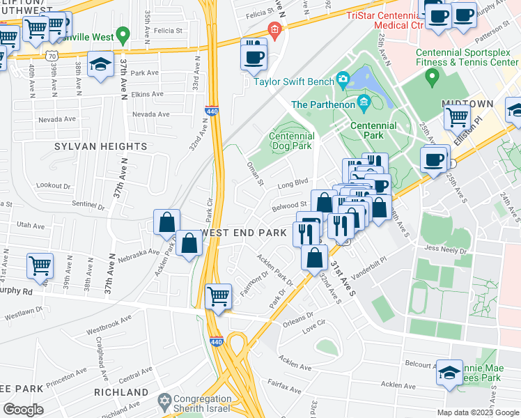 map of restaurants, bars, coffee shops, grocery stores, and more near 3138 Long Boulevard in Nashville