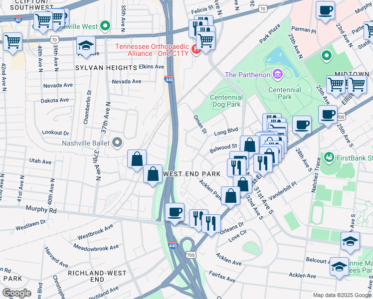 map of restaurants, bars, coffee shops, grocery stores, and more near 3178B Parthenon Avenue in Nashville