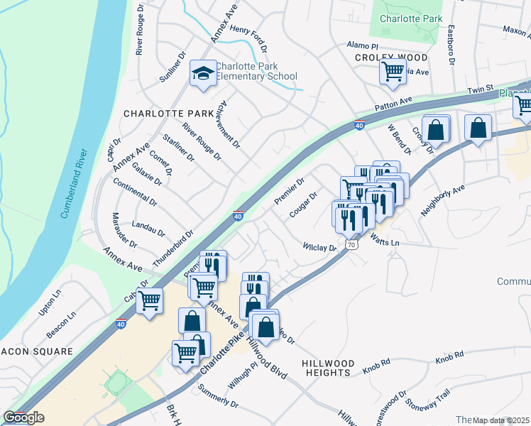 map of restaurants, bars, coffee shops, grocery stores, and more near 6520 Premier Drive in Nashville