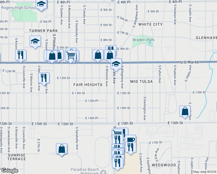 map of restaurants, bars, coffee shops, grocery stores, and more near 1213 South Winston Avenue in Tulsa