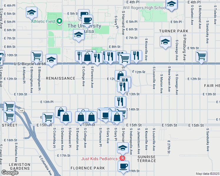map of restaurants, bars, coffee shops, grocery stores, and more near 1216 South Gary Avenue in Tulsa
