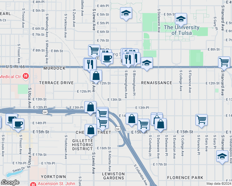 map of restaurants, bars, coffee shops, grocery stores, and more near 1206 South Atlanta Place in Tulsa